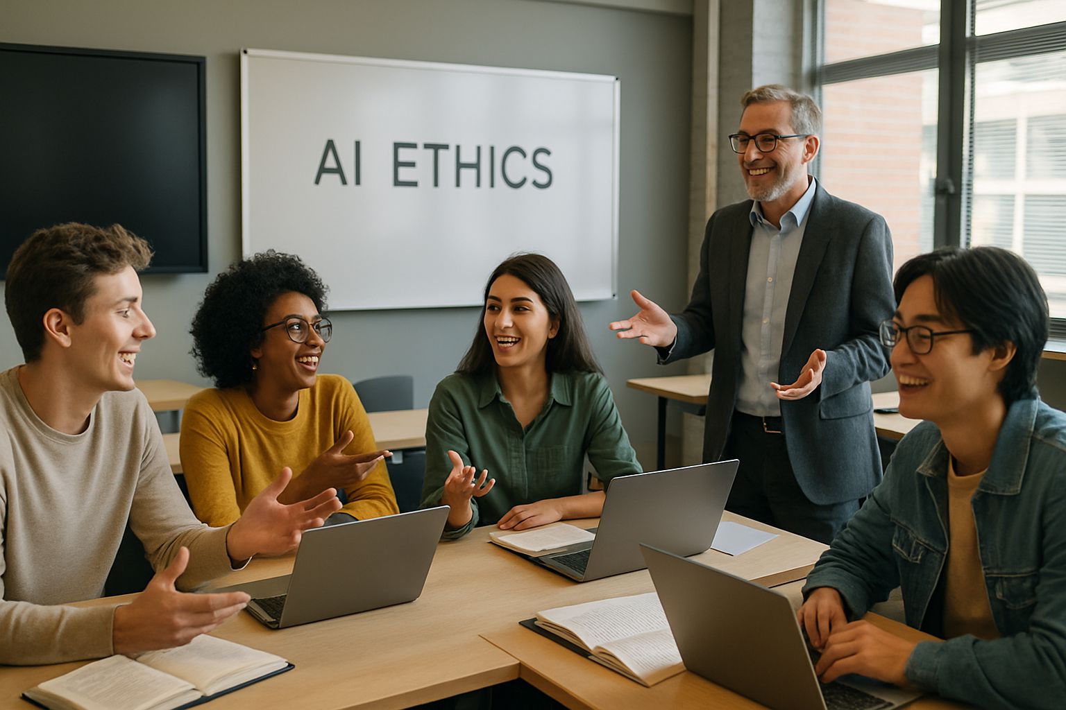 Students and professor discussing AI Higher Education ethics in a modern classroom.