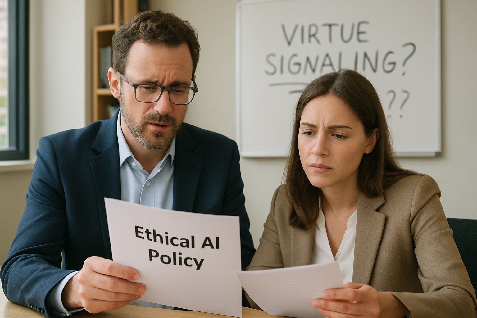 AI ethics team reviewing Virtue Signaling claims in office