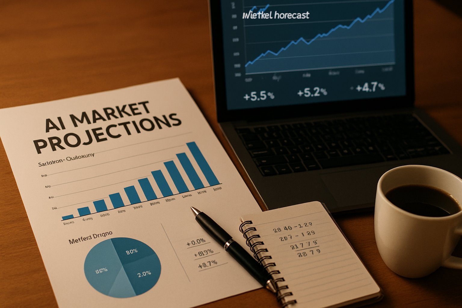 Detailed AI Market Projections report and digital dashboard on a professional desk.