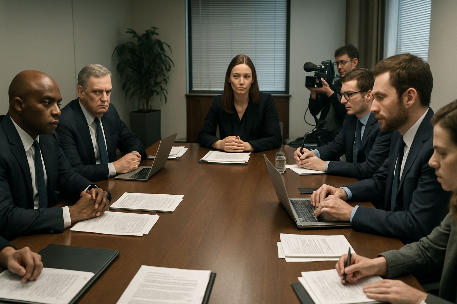 Executives and media representatives discussing Media Capture Risk at conference table.