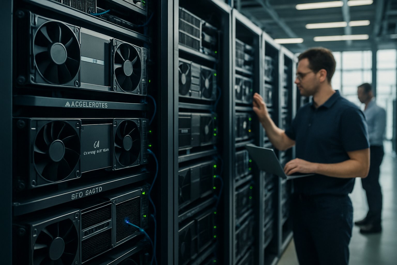 Data center with AI Accelerator Market hardware and technicians.