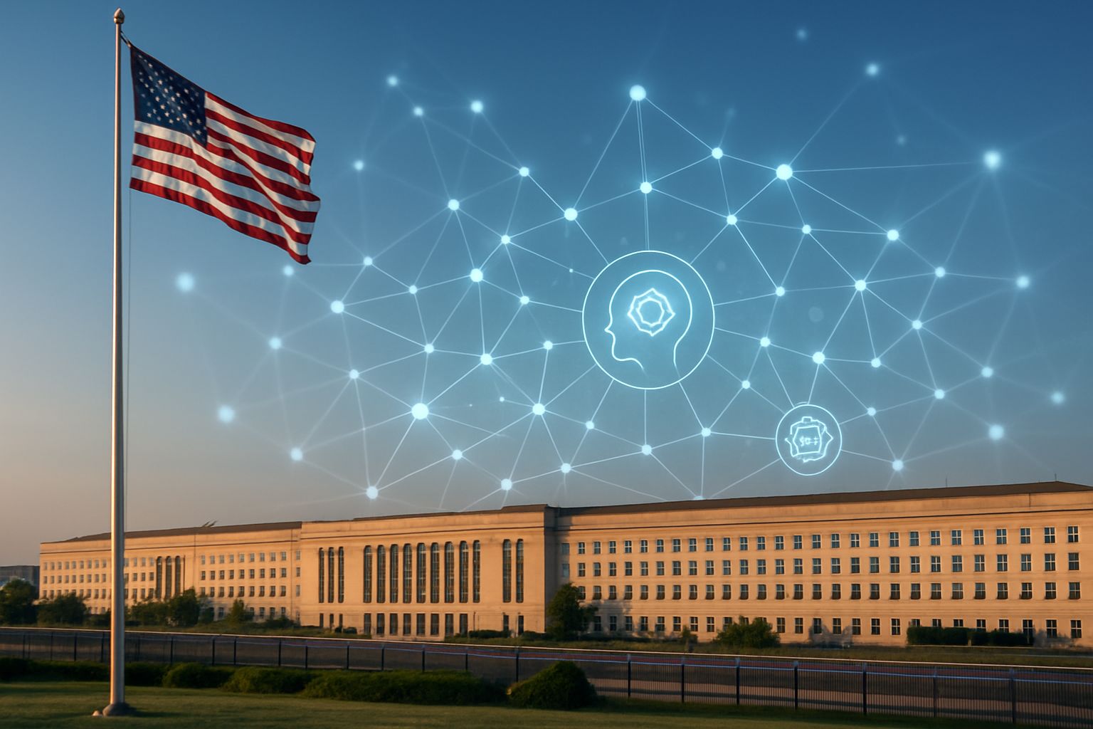 OpenAI Pentagon building with digital AI graphics overlay.