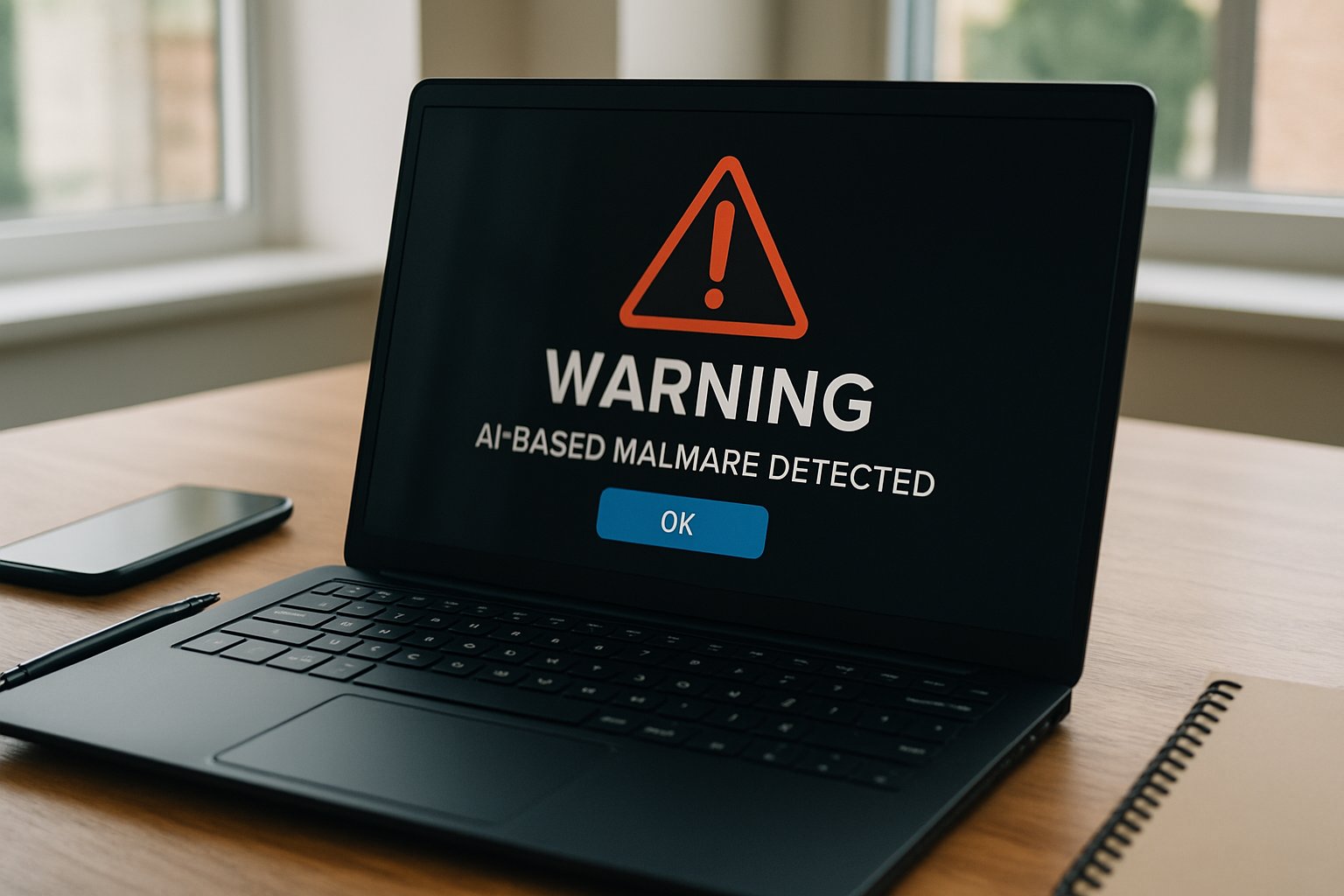 Laptop displaying AI-driven malware alert related to Cyber Warfare risks.