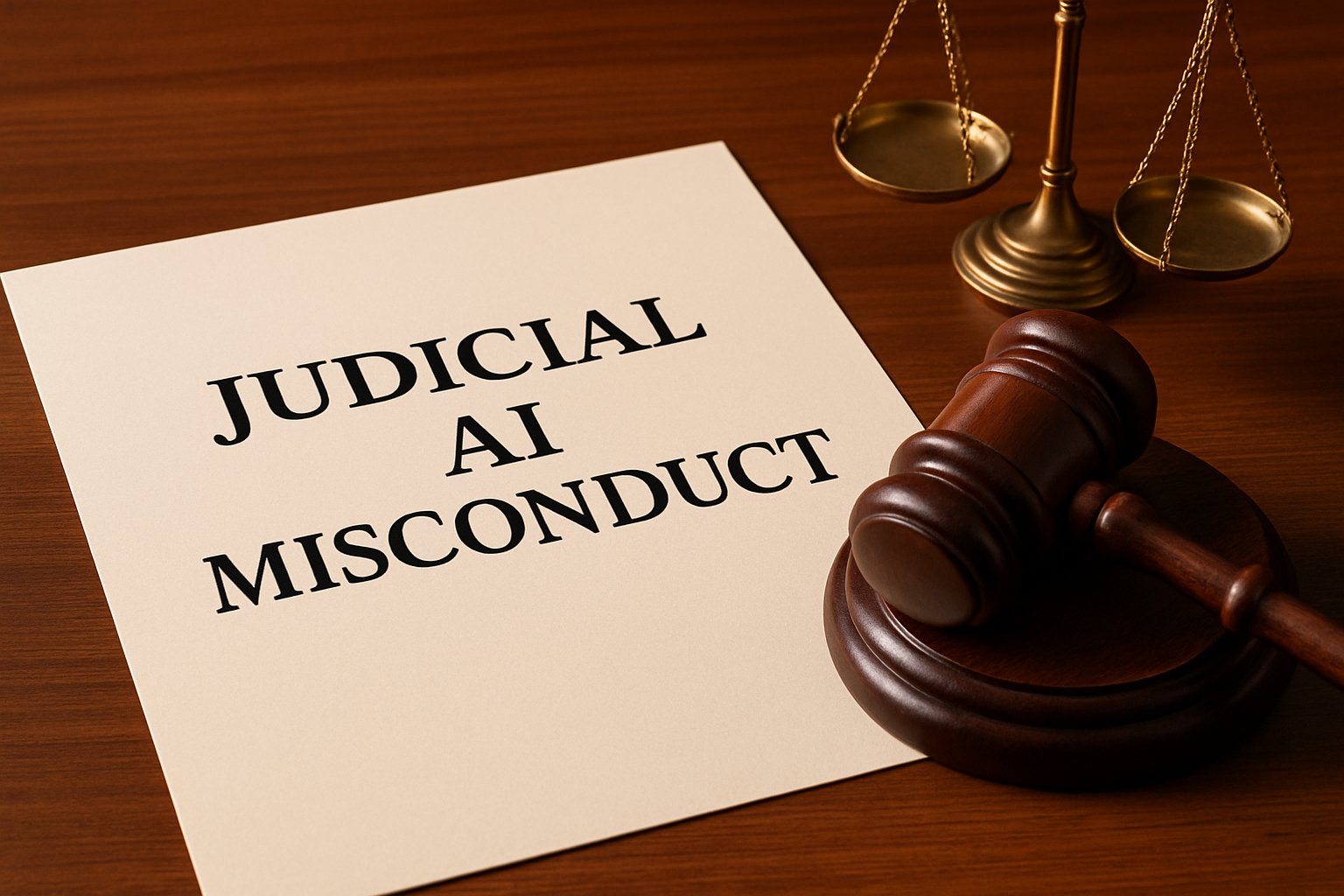 Legal document on Judicial AI Misconduct with gavel and scales