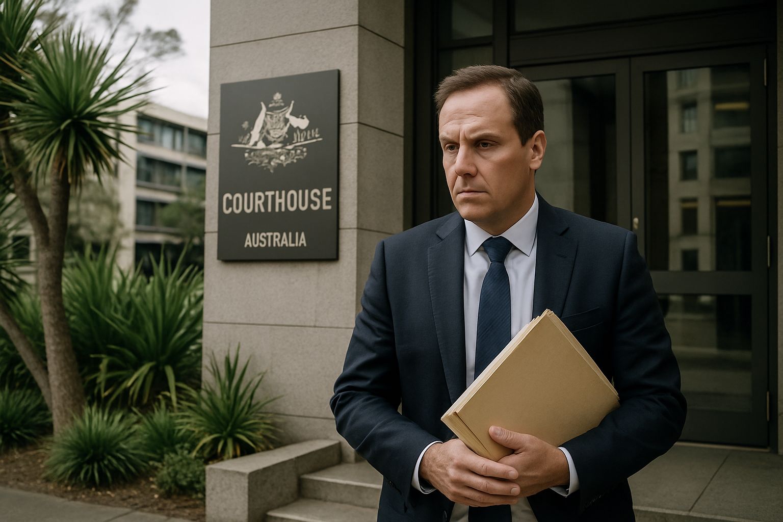 Australia Fines courthouse with businessperson exiting after AI penalty case.