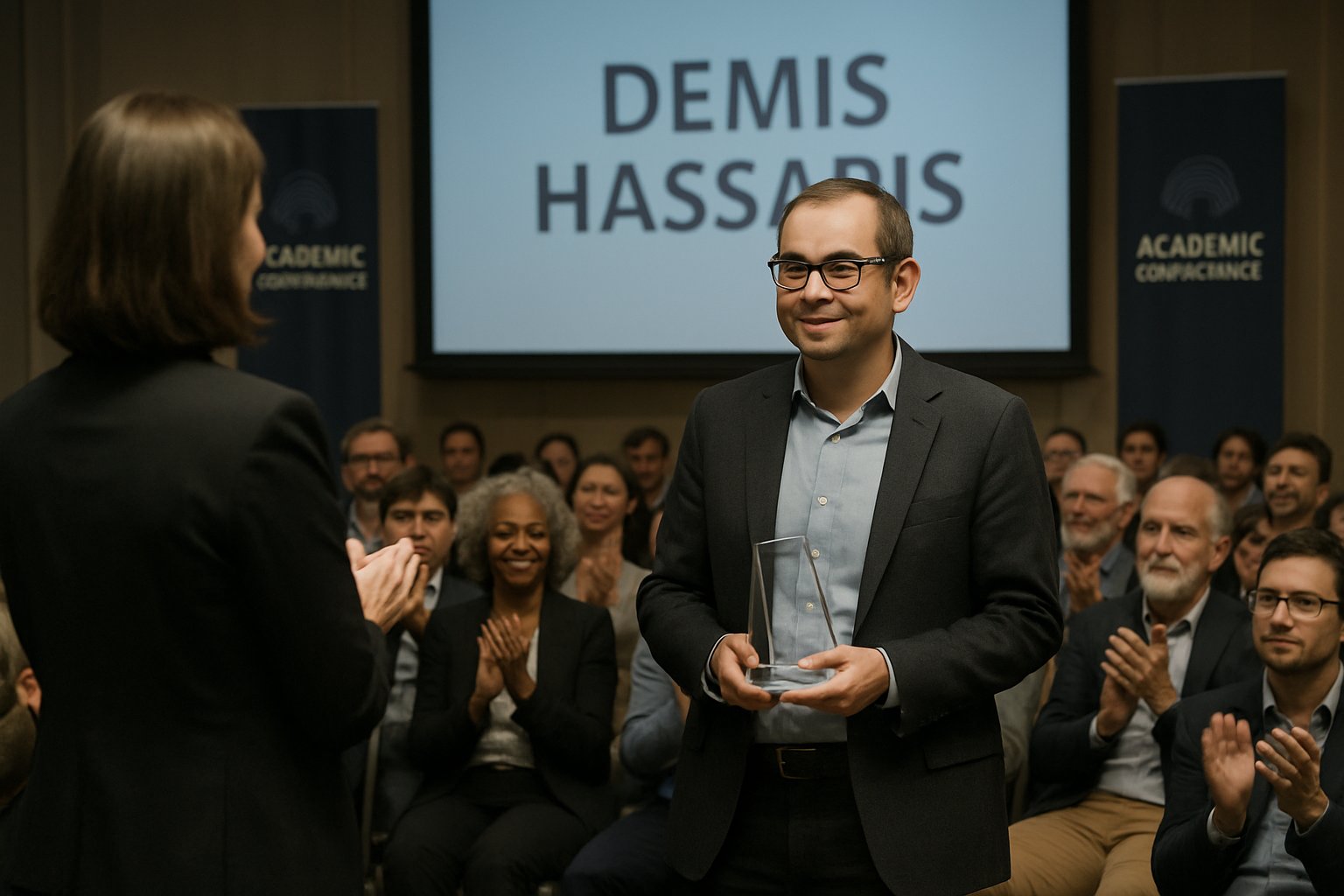 Demis Hassabis receiving award at AI Pioneer History conference