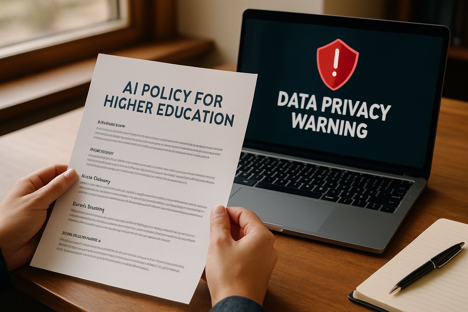 Education AI Policy document and laptop in university office highlighting data privacy.
