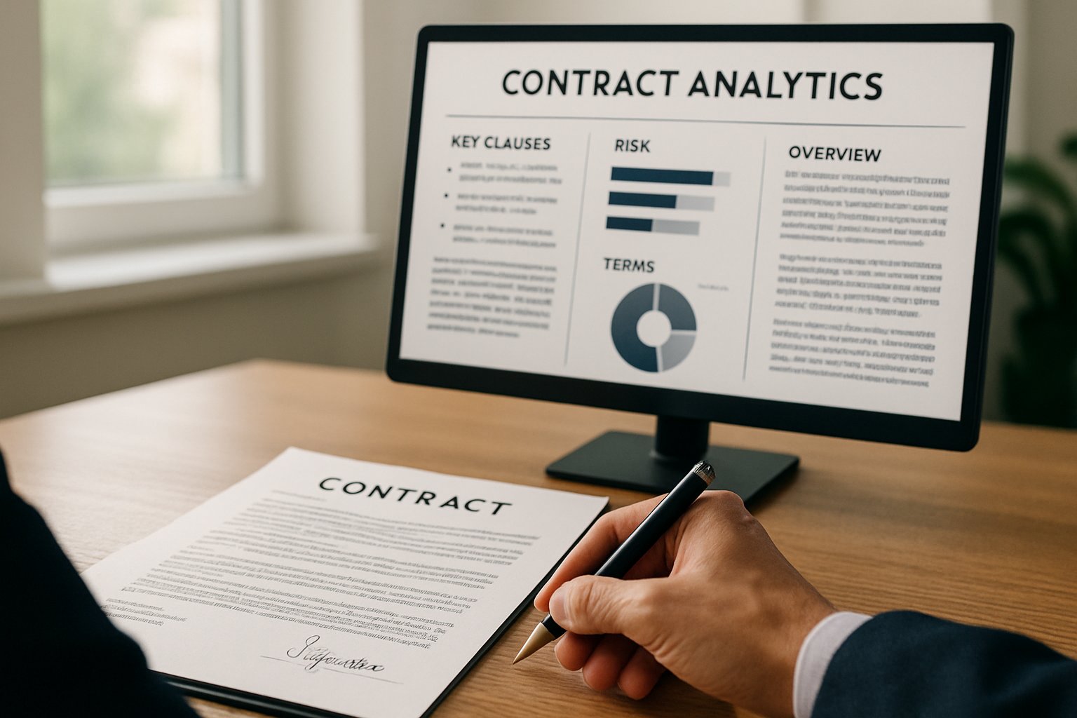 Legal Tech AI application analyzing contracts on computer screen beside legal document.
