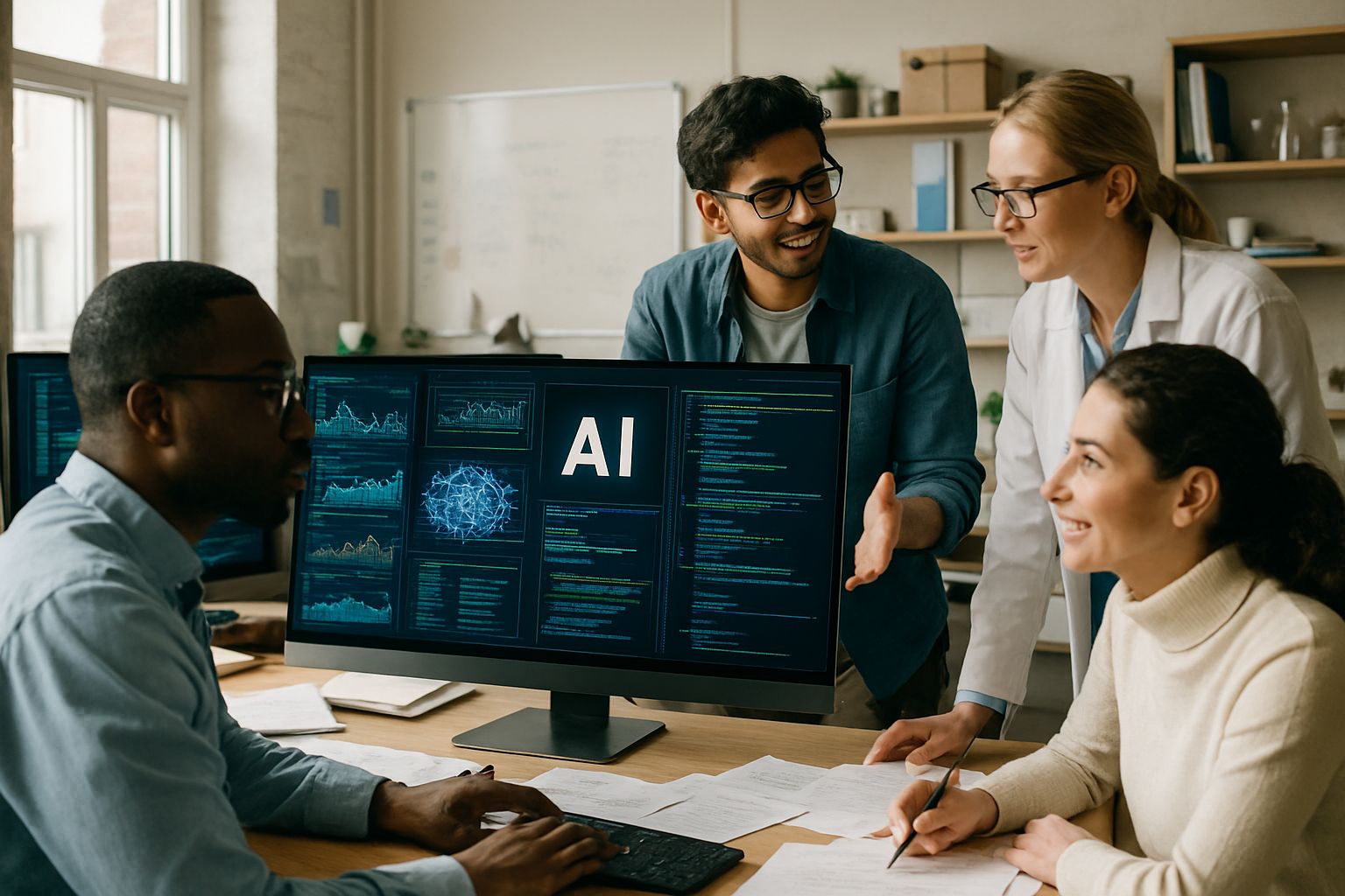 Researchers analyzing AI projects for the InvestAI Infrastructure Project in a European lab.