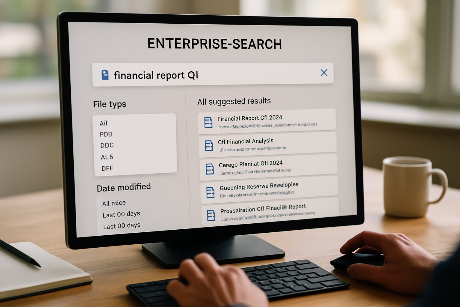 Enterprise AI Search interface on professional's computer in natural office setting.