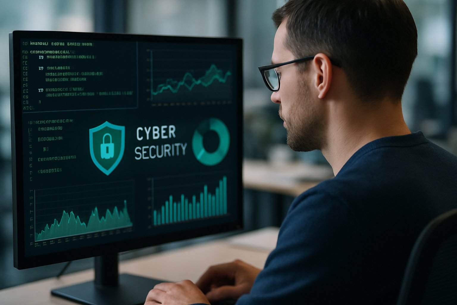 Cybersecurity expert analyzing AI Security Acquisition data at computer.