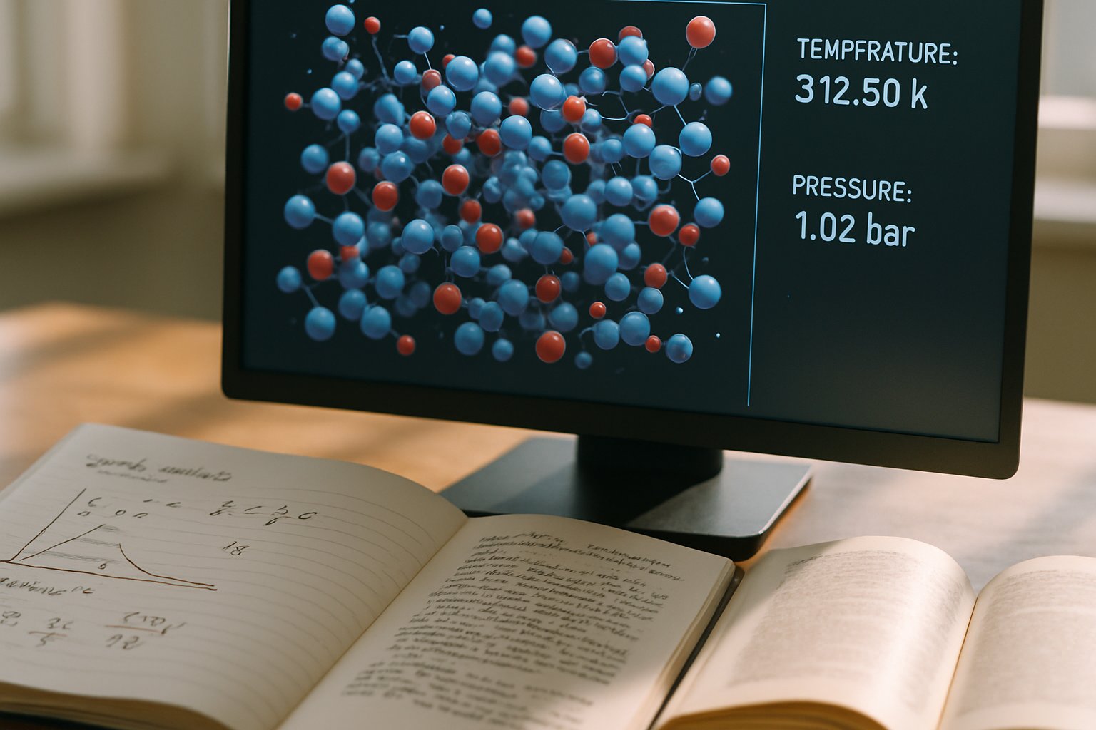 Chemistry AI Simulation software showing high-pressure molecular structures and scientific notes.
