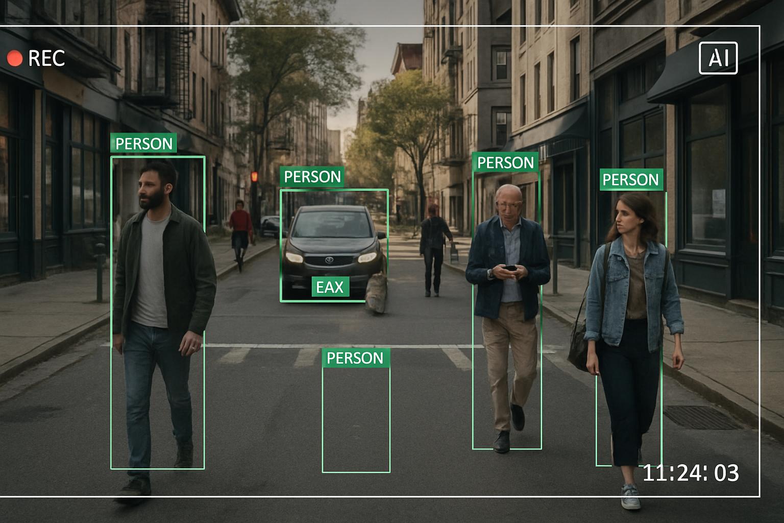 City surveillance view highlighting AI Digital Panopticon tracking pedestrians and vehicles.
