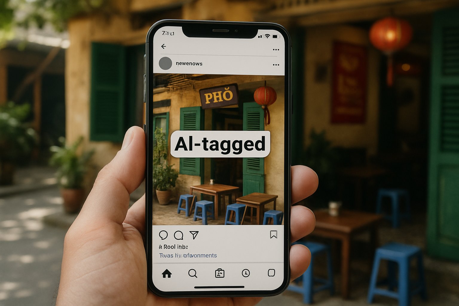 Smartphone showing social media post with Mandatory AI Tagging label for images.