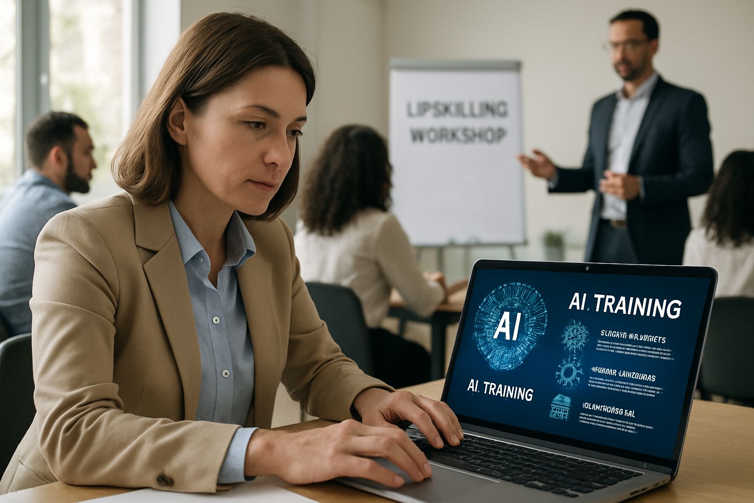 Professional Service Pivot woman attending AI upskilling workshop for business leaders.
