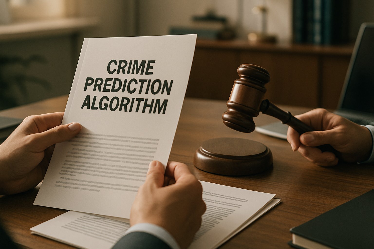Report and gavel symbolize Pre-crime Ethics Debate in predictive policing.