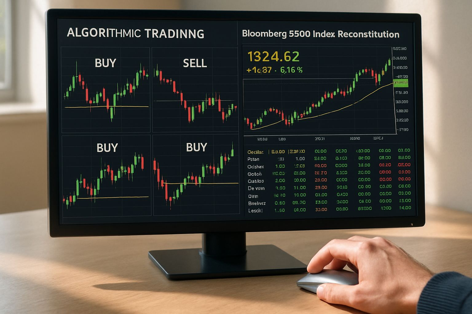 Algorithmic Asset Management software displaying Bloomberg B500 reconstitution data on computer screen.