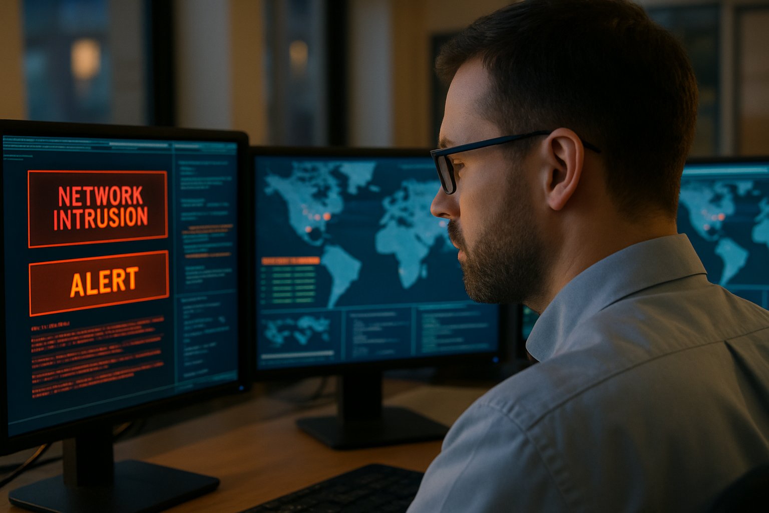 Cybersecurity analyst reviews FBI Surveillance Breach alerts on secure monitors.