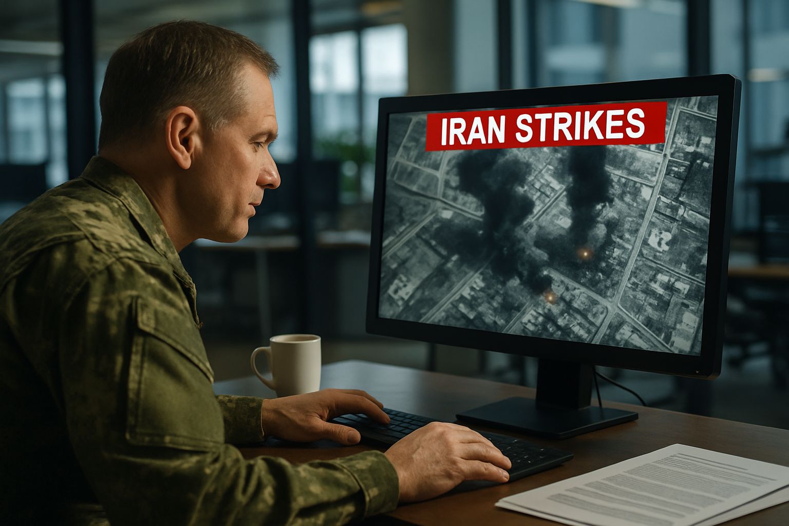 Military analyst examines satellite imagery of Iran Strikes in secure office setting.