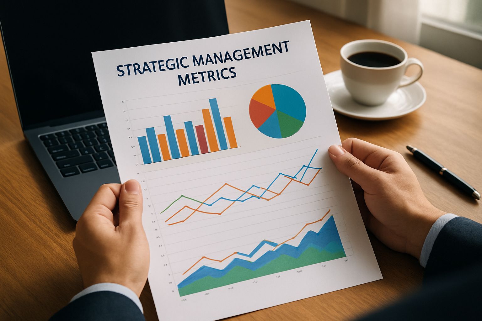 Printed report on desk displays Strategic Management Metrics and data graphs.