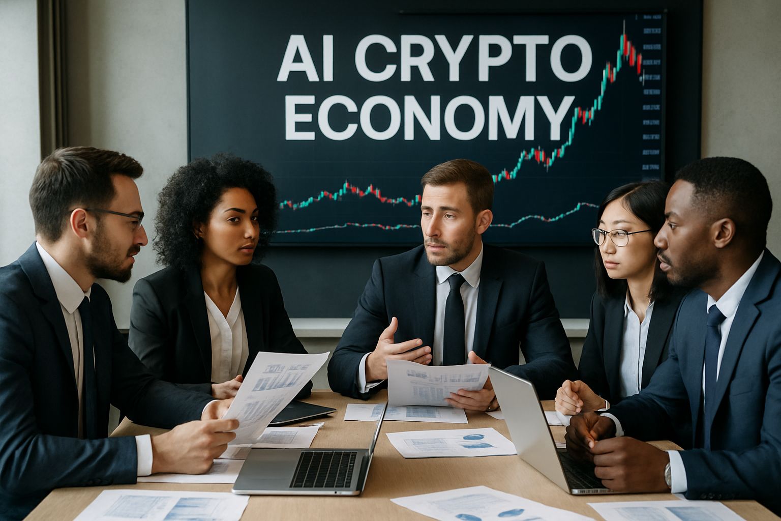 Business analysts discussing AI Crypto Economy with data-driven crypto charts visible.