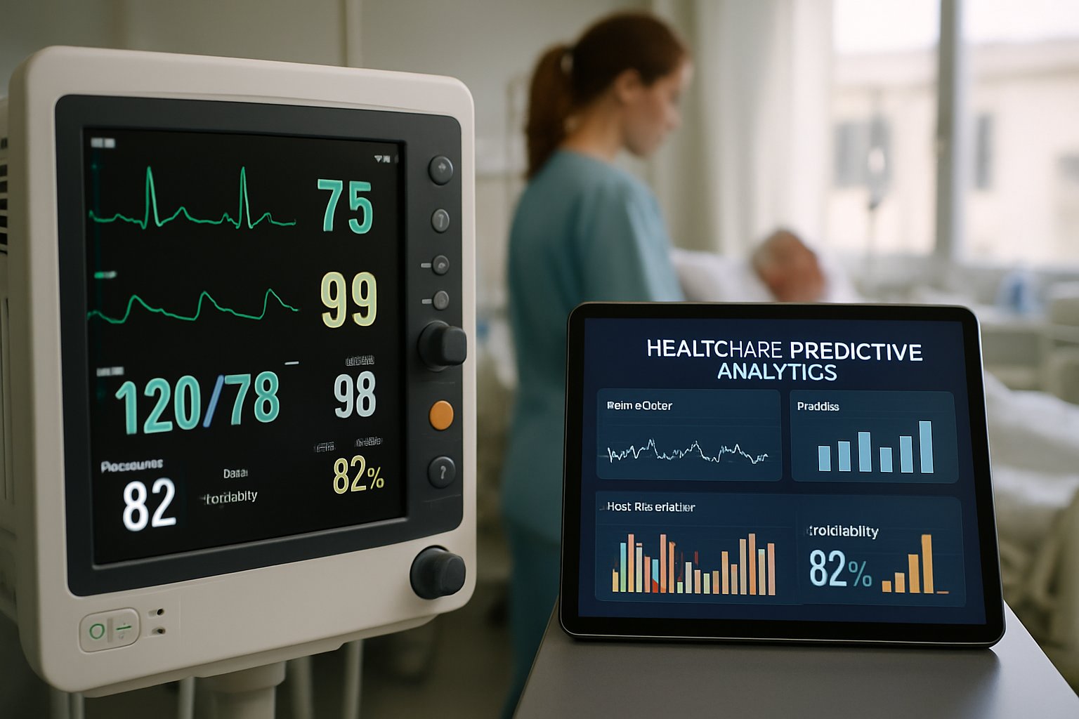 Healthcare Predictive Analytics interface and heart rate monitor in a hospital room.
