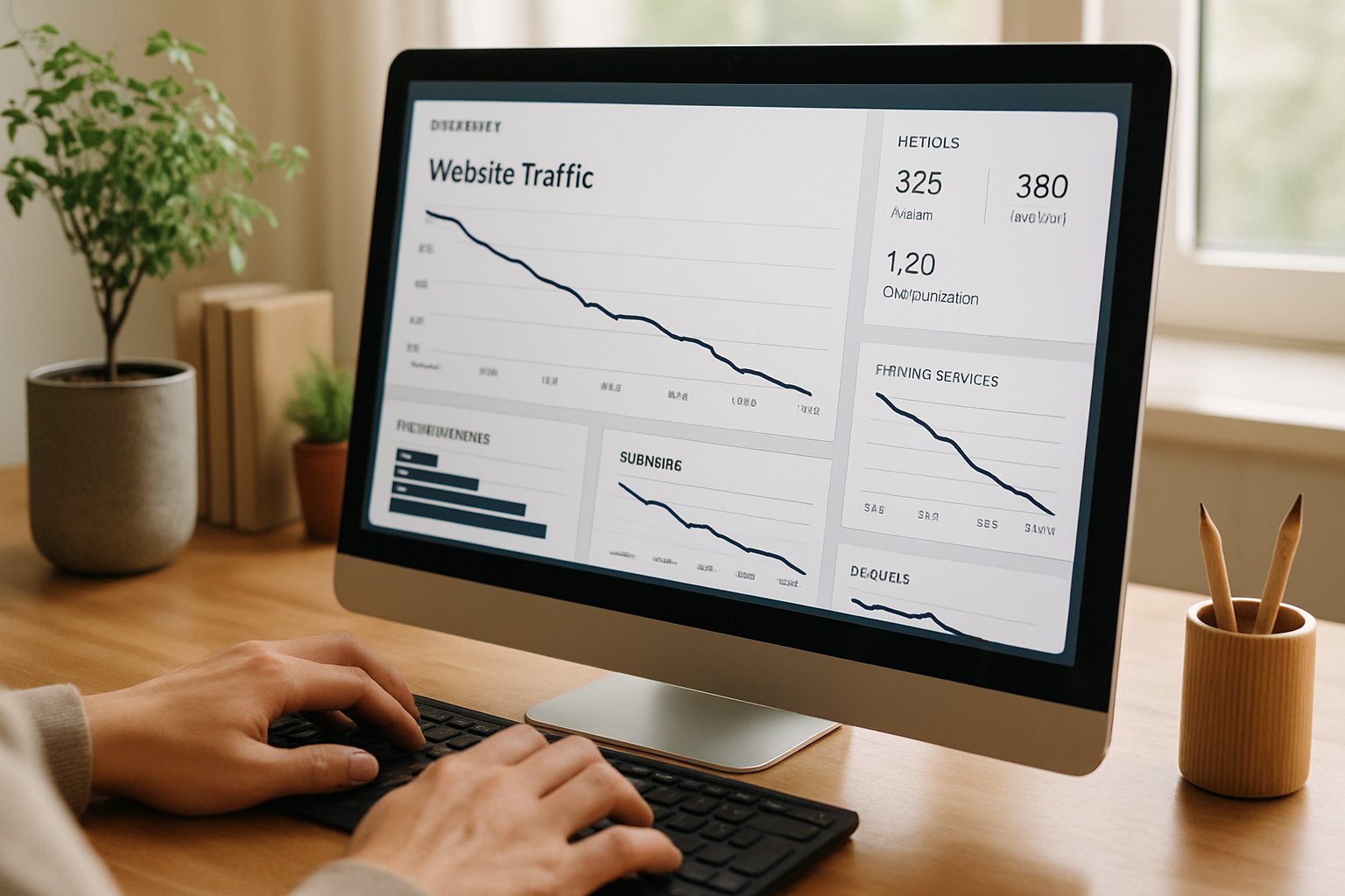 Digital Publishing Disruption shown by falling website traffic graphs on analytics dashboard.
