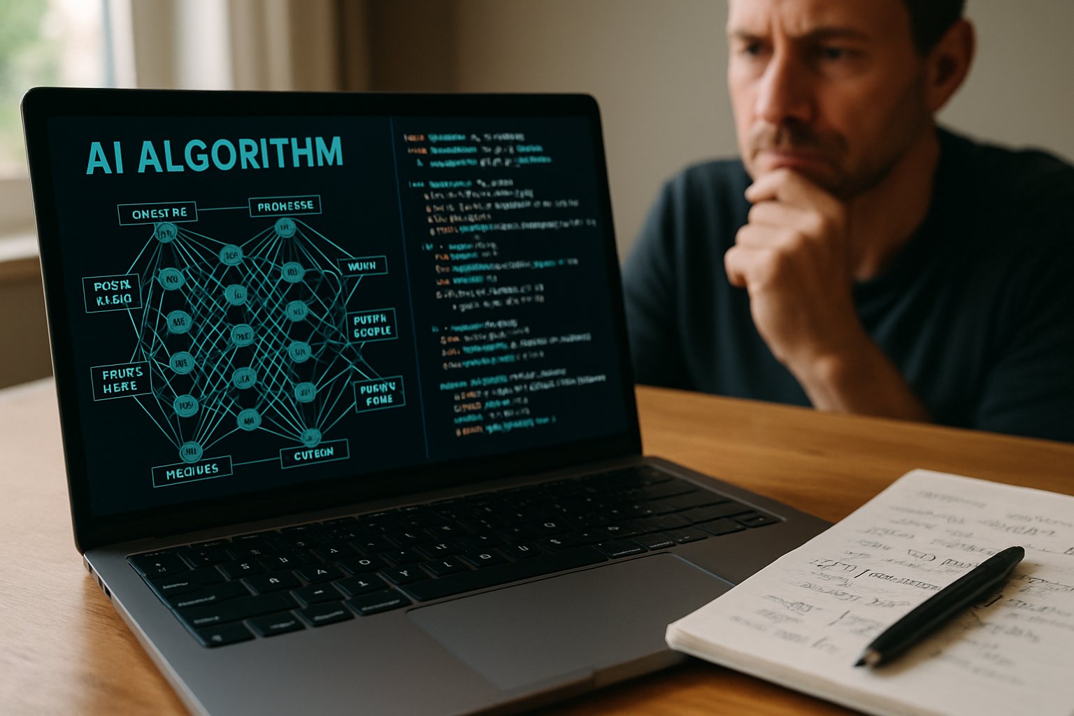 Person reviewing AI risks and Human Learning notes on laptop.