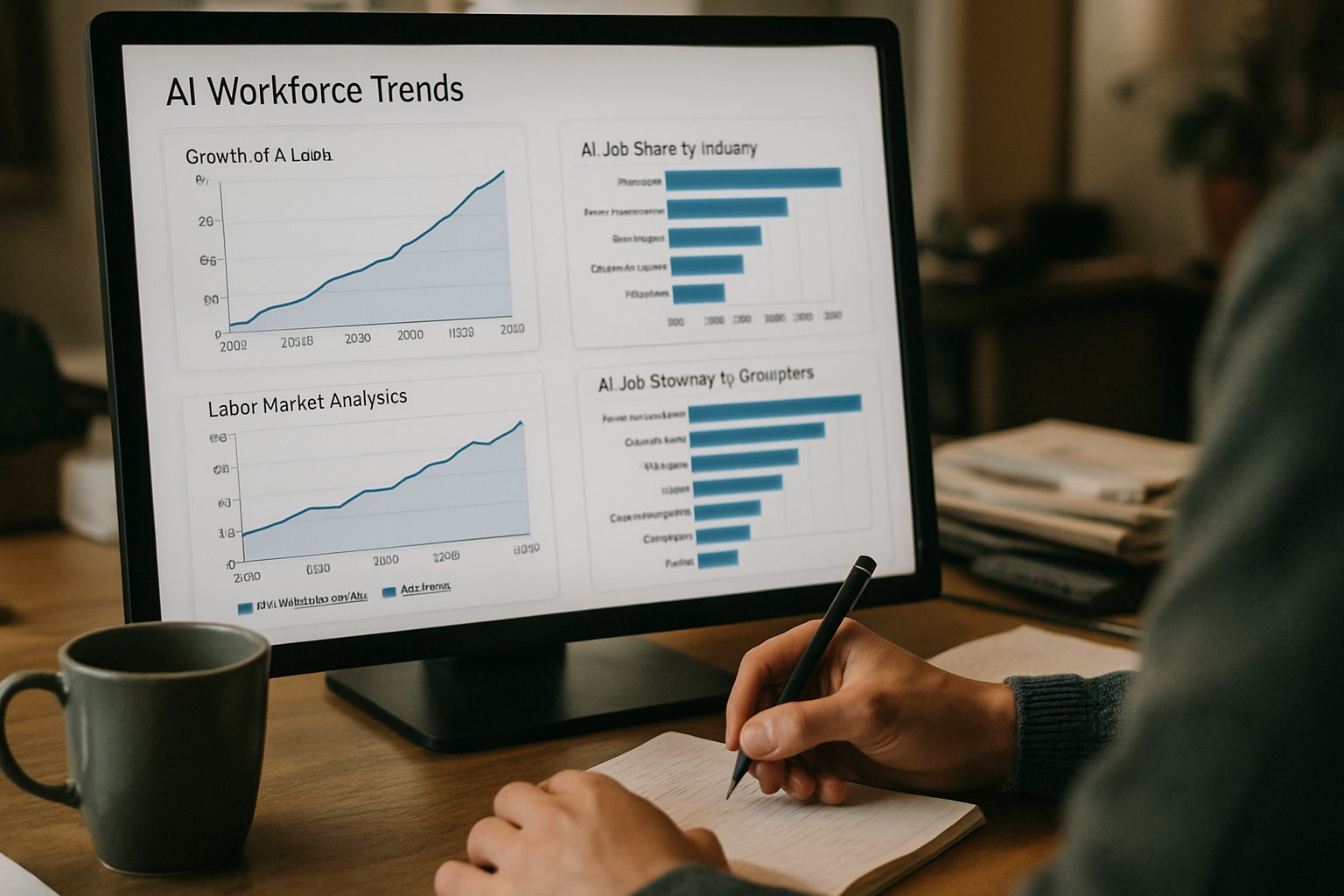 AI Workforce Trends chart on screen with analyst taking notes.