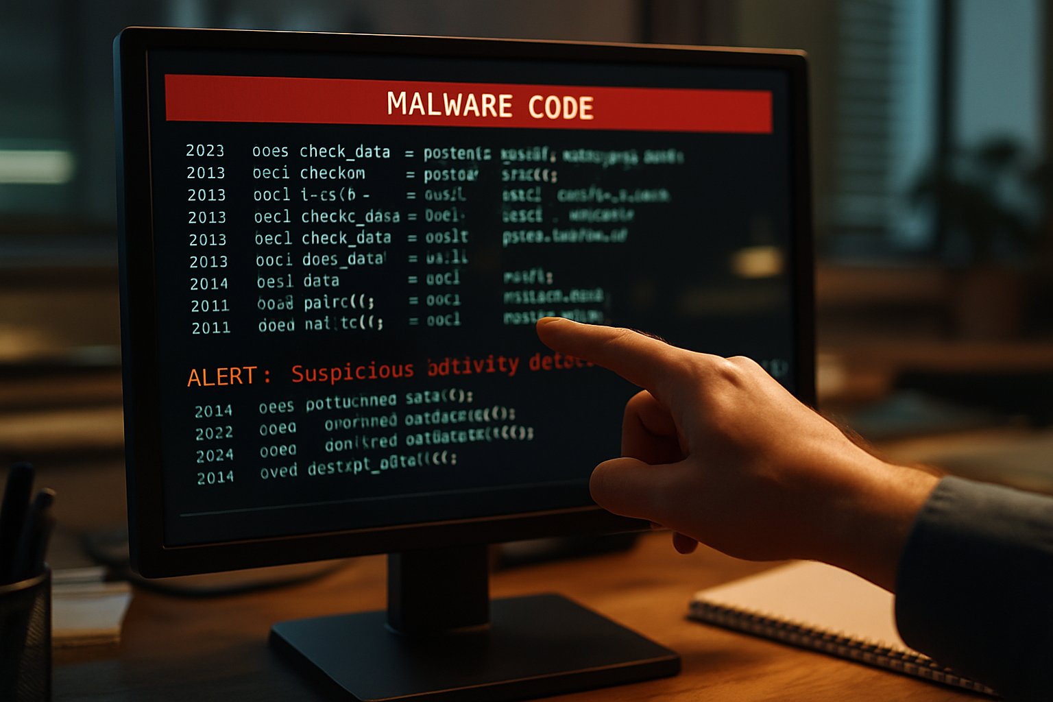 Analyzing malware created by rogue AI agents on computer screen.