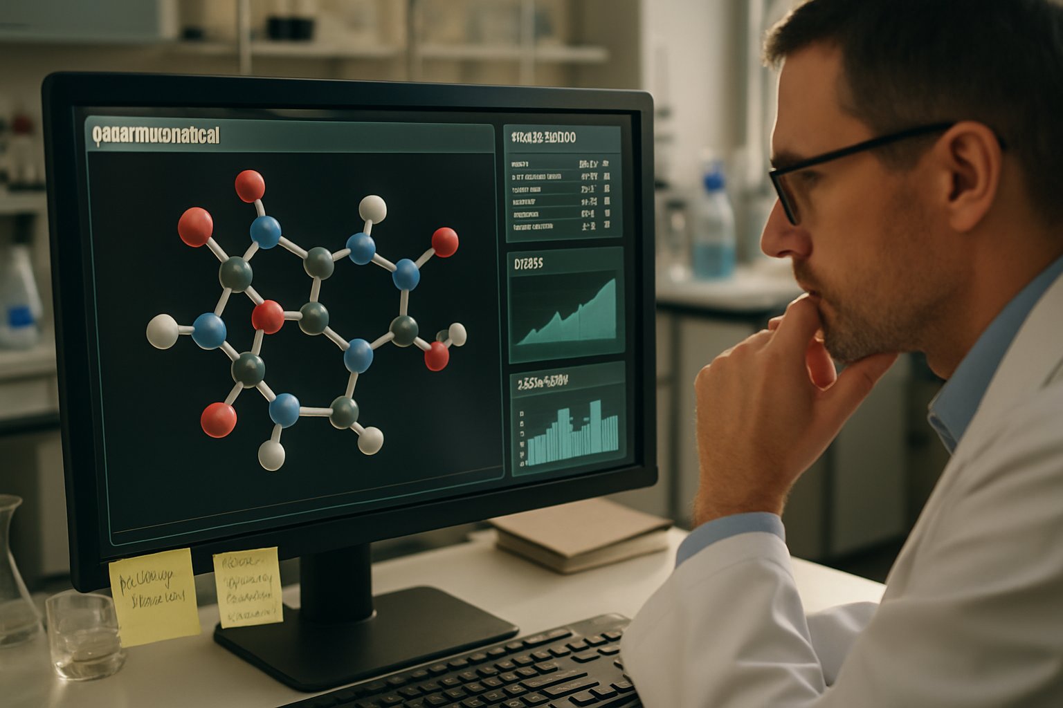 Researcher analyzing molecular data for AI Drug Discovery project.