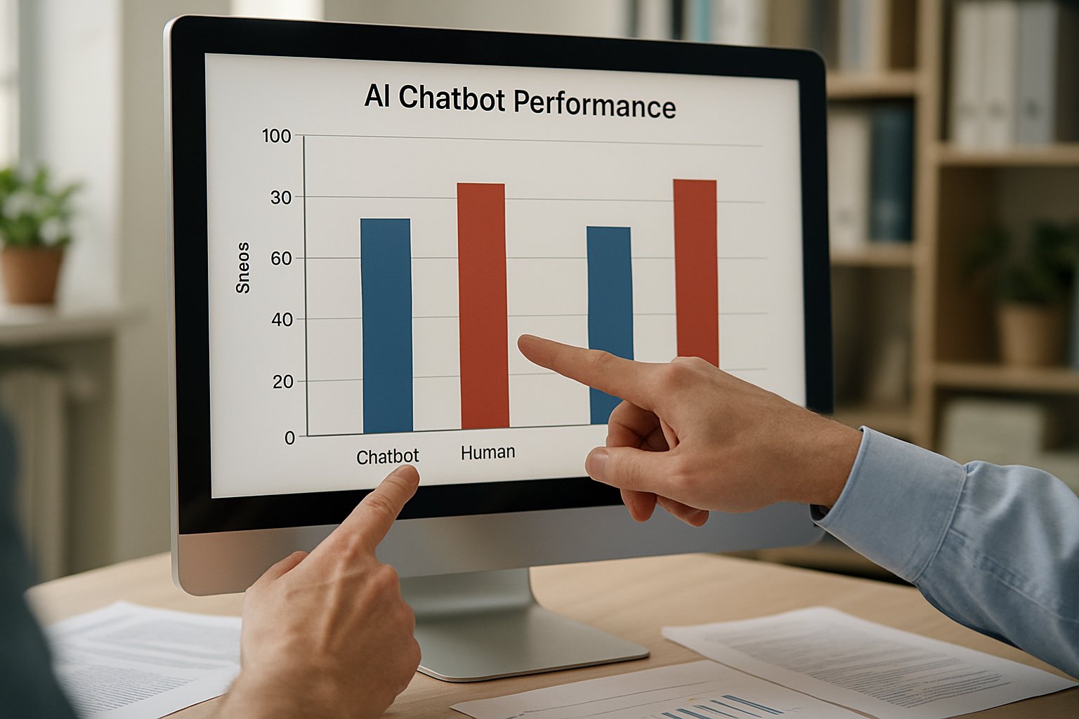 Hands point at charts showing Socio Technical Fairness and chatbot bias on a realistic computer screen.