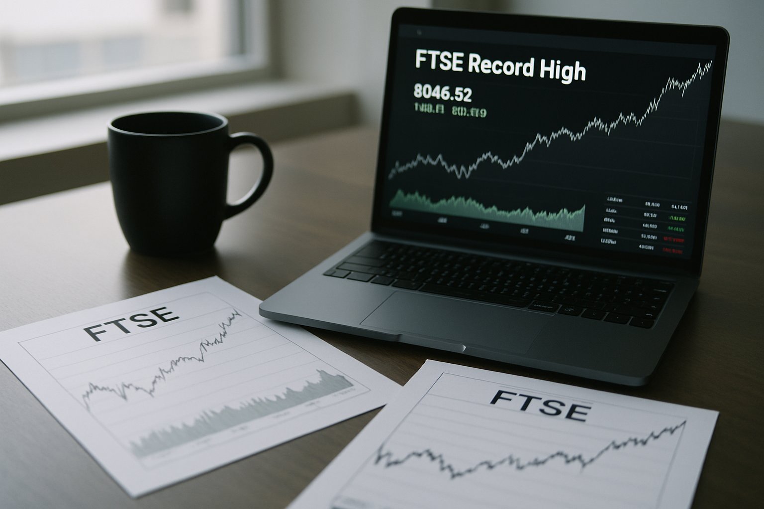 Financial analyst desk with FTSE Record data and daily charts