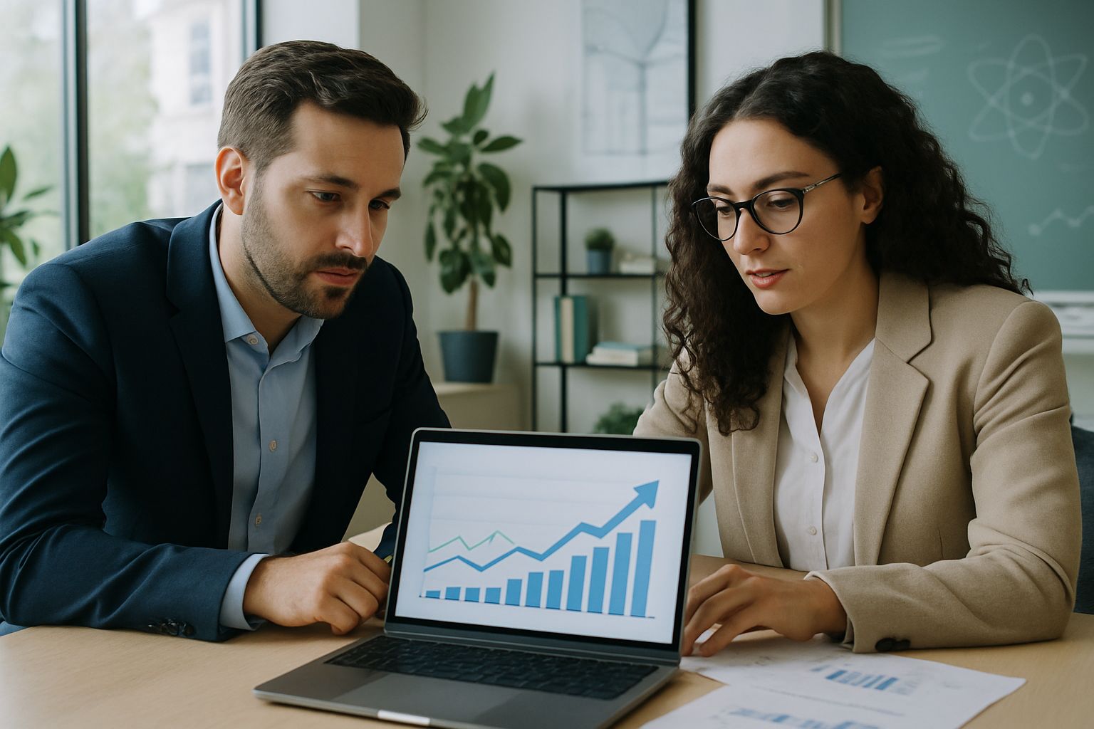 Two professionals discussing Ecosystem Growth next to a laptop with growth graphs.