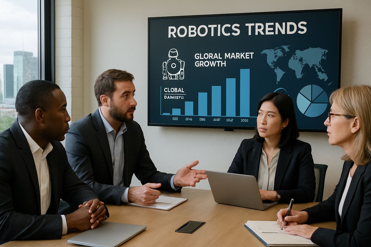 Business team analyzing Robotics Market Expansion trends via digital growth charts.