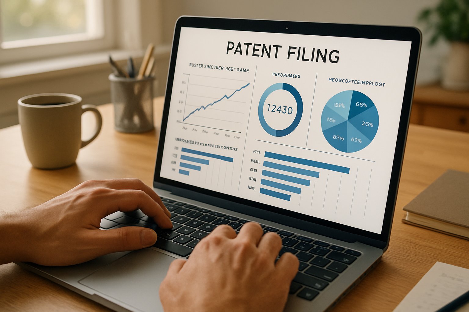 WIPO Patent Growth tracked on a laptop with patent filing graphs.