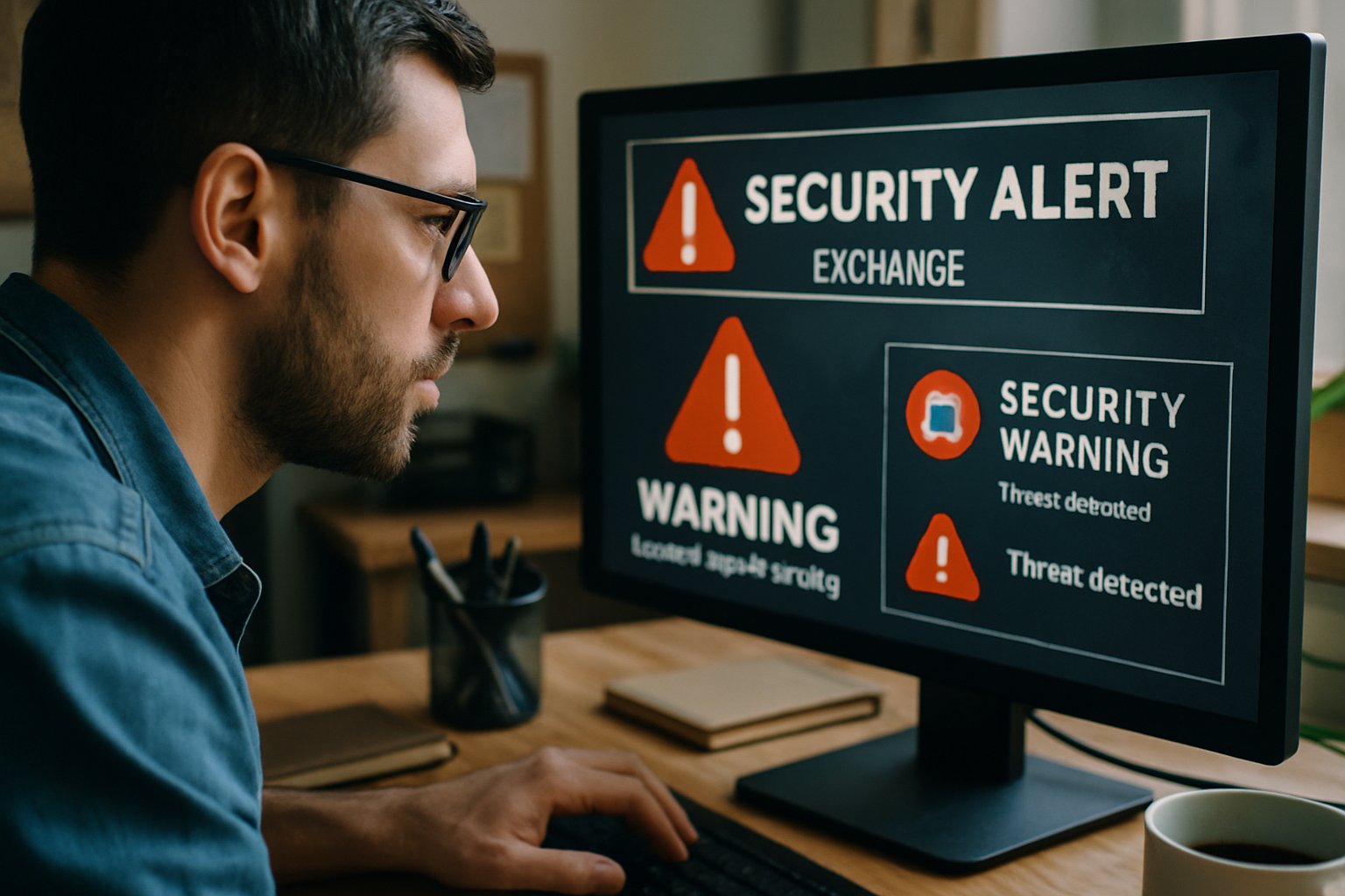 IT specialist reviewing AI Browser Breach security alerts on computer screens.