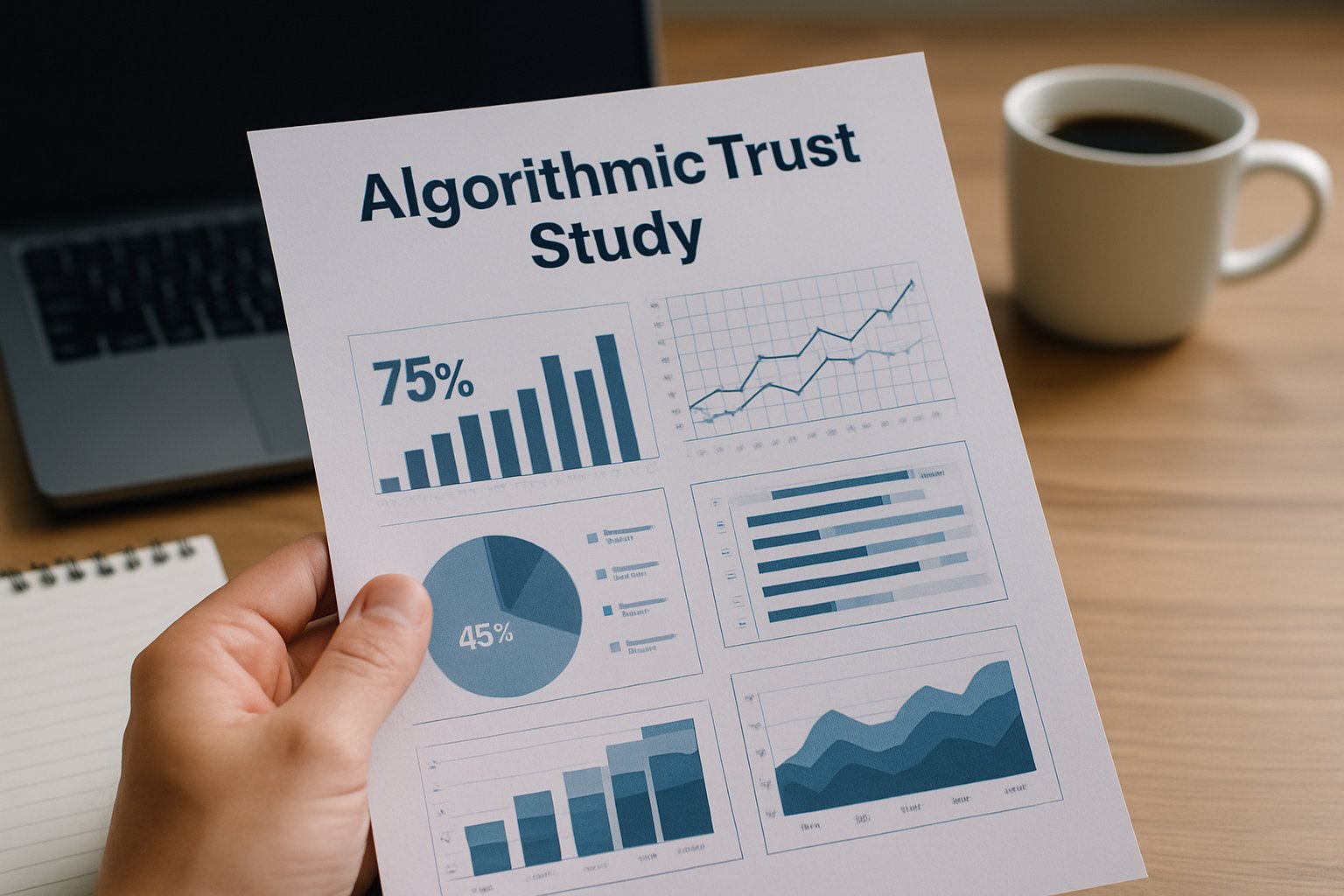 Printed Algorithmic Trust Study report with analytics shown in a research workspace.
