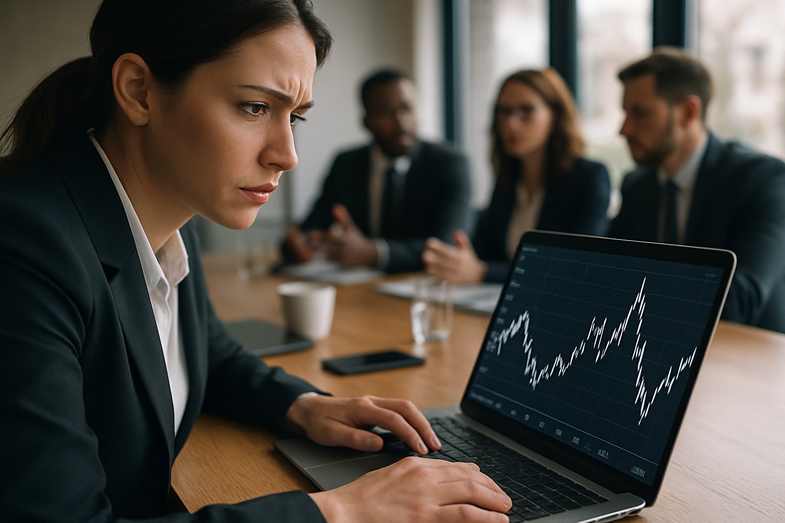 Businesswoman studies graph showing market volatility in cybersecurity discussions.