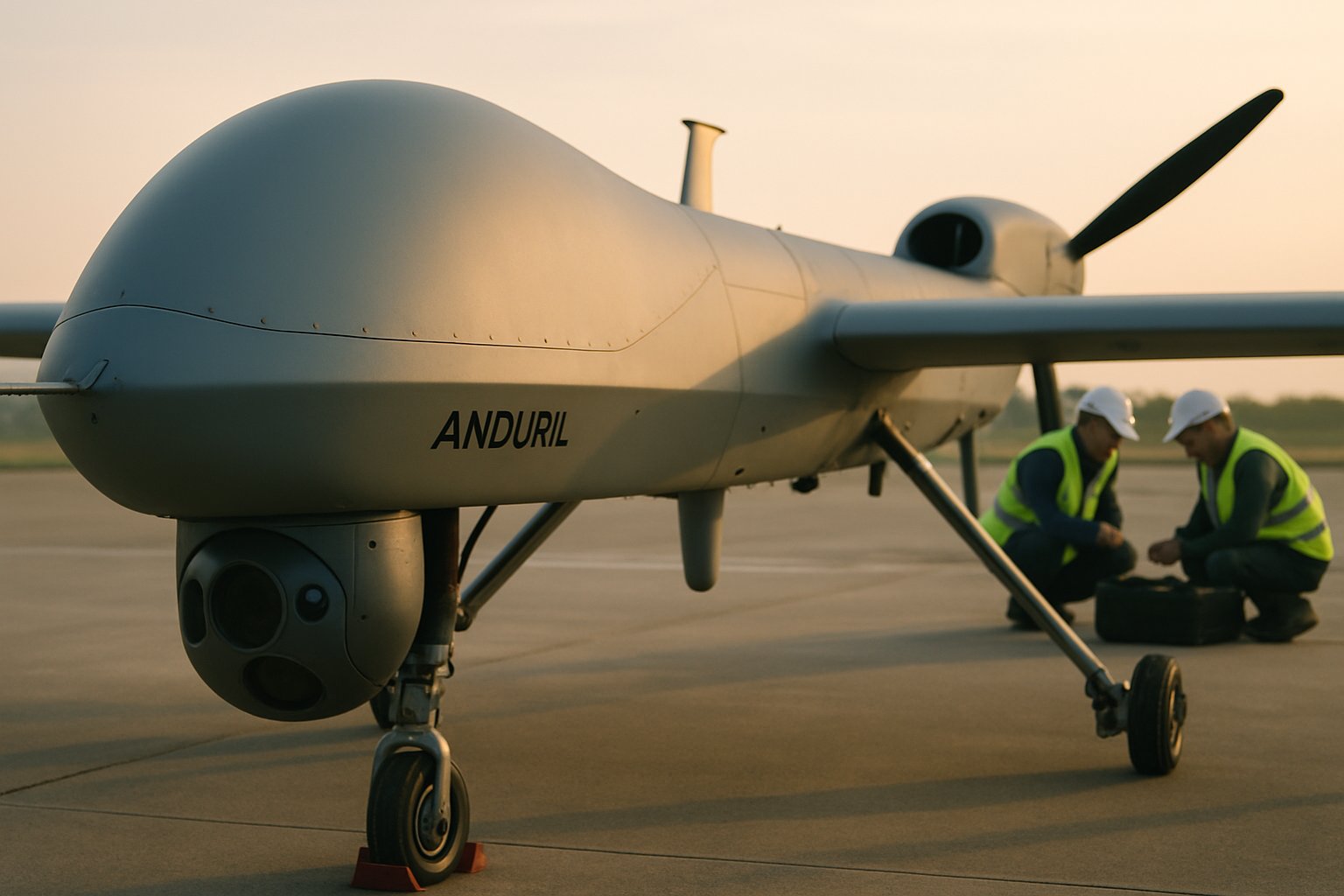 Anduril Valuation visualized through advanced drone inspection by engineers on an airfield.