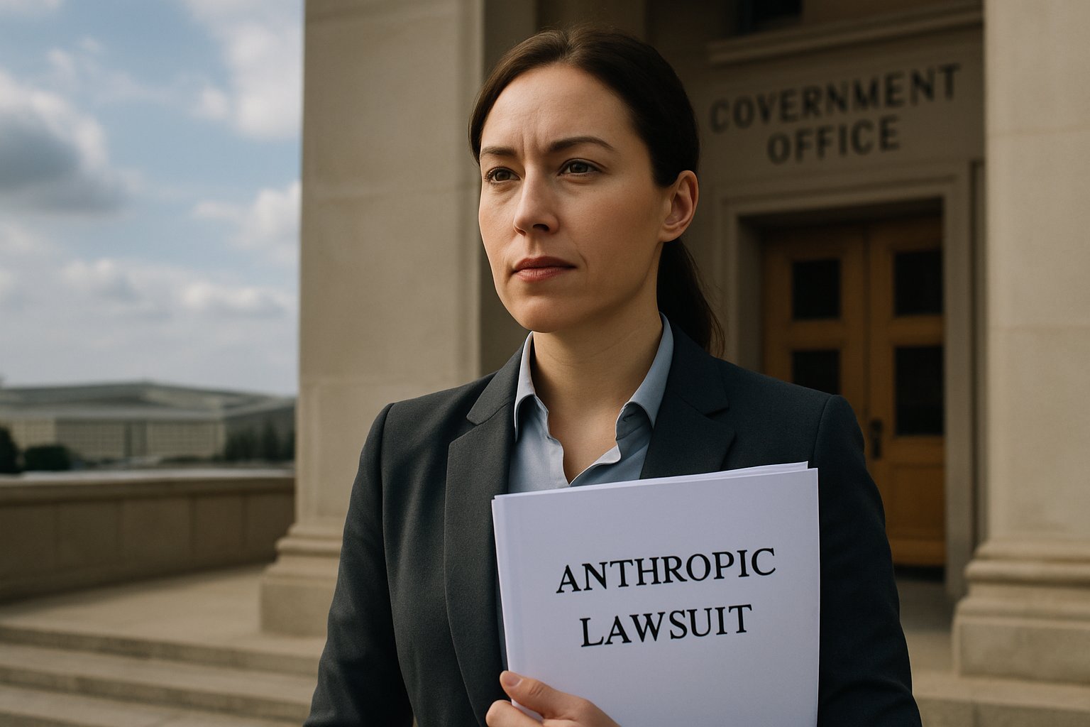 Anthropic representative outside Pentagon building during Defense Blacklisting lawsuit.