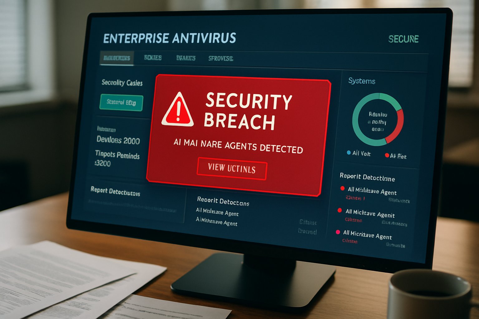 Antivirus dashboard shows AI Malware Agents disabling enterprise security in 2026.