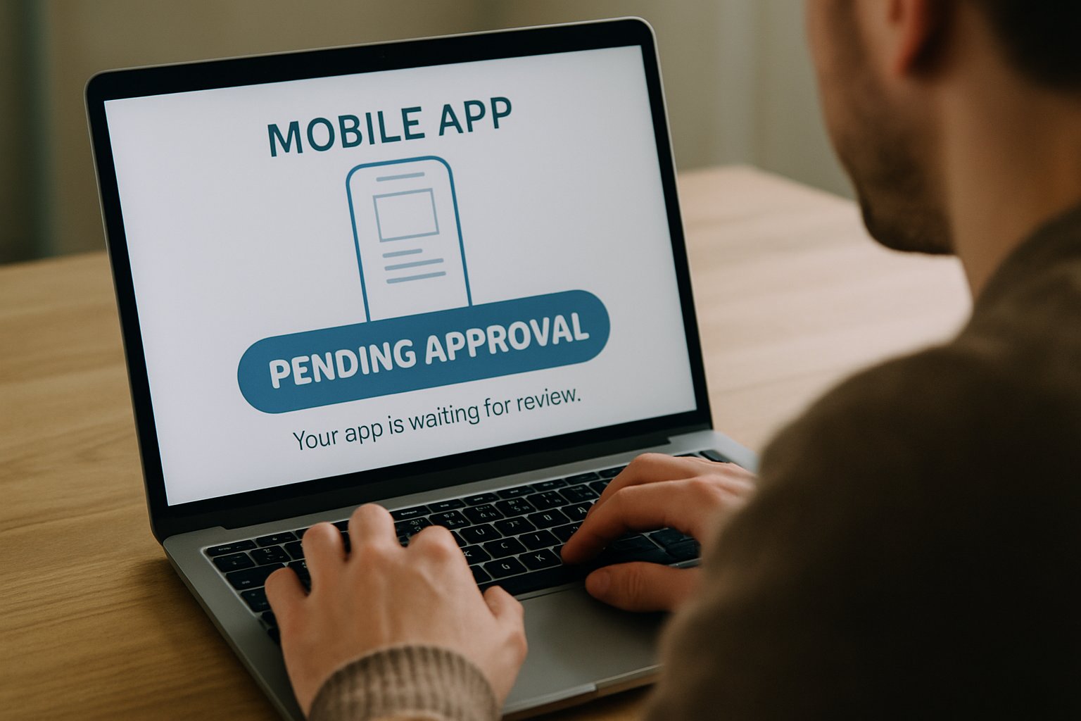 Laptop screen shows pending status due to Developmental Approval Delays for app submission.