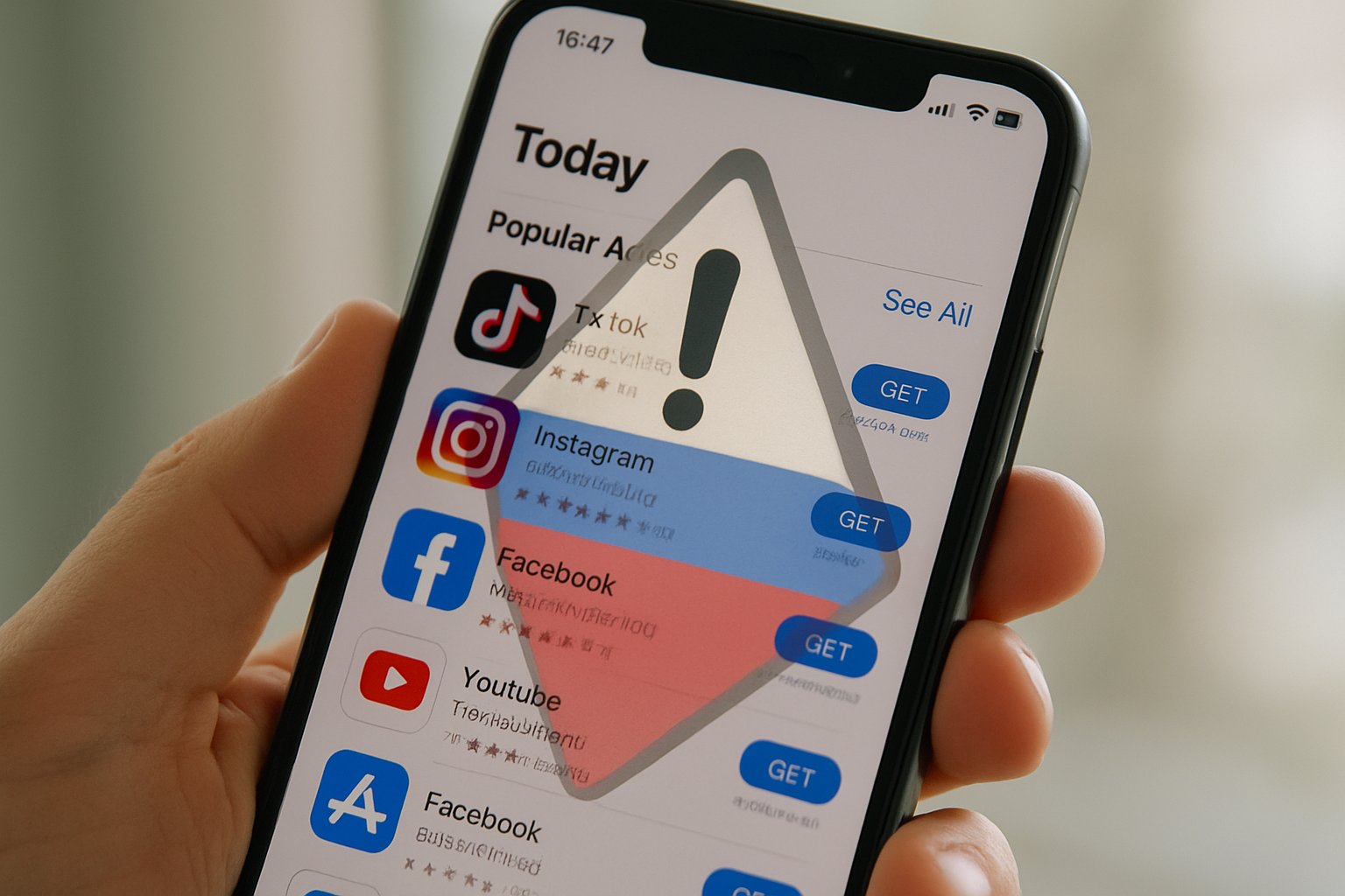 Smartphone displaying App Store National Security warning overlay.