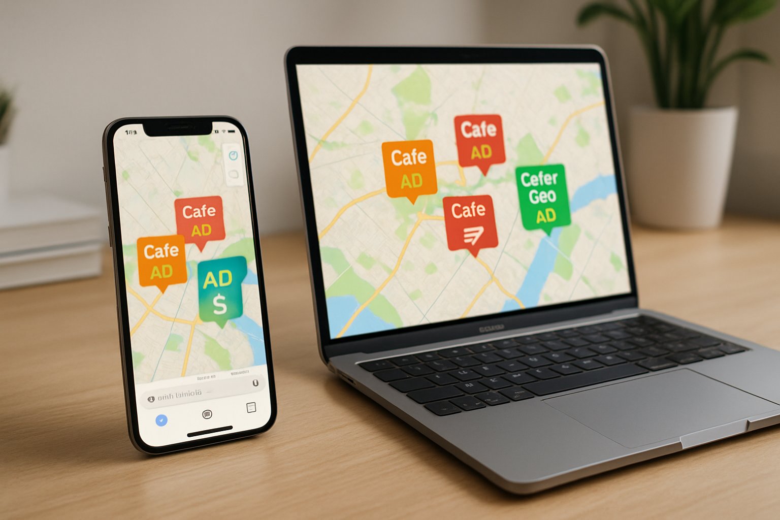 Apple devices show Maps Advertising for local businesses on screen.