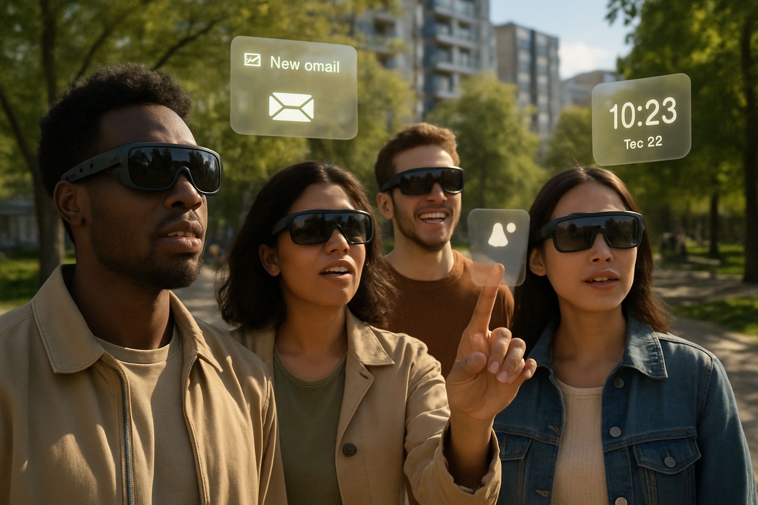 Real-world AR Hardware in use by people outdoors, demonstrating visual intelligence.