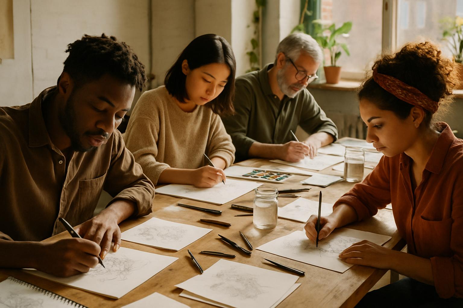 Artists working by hand in a studio demonstrating Human Authorship in art creation.