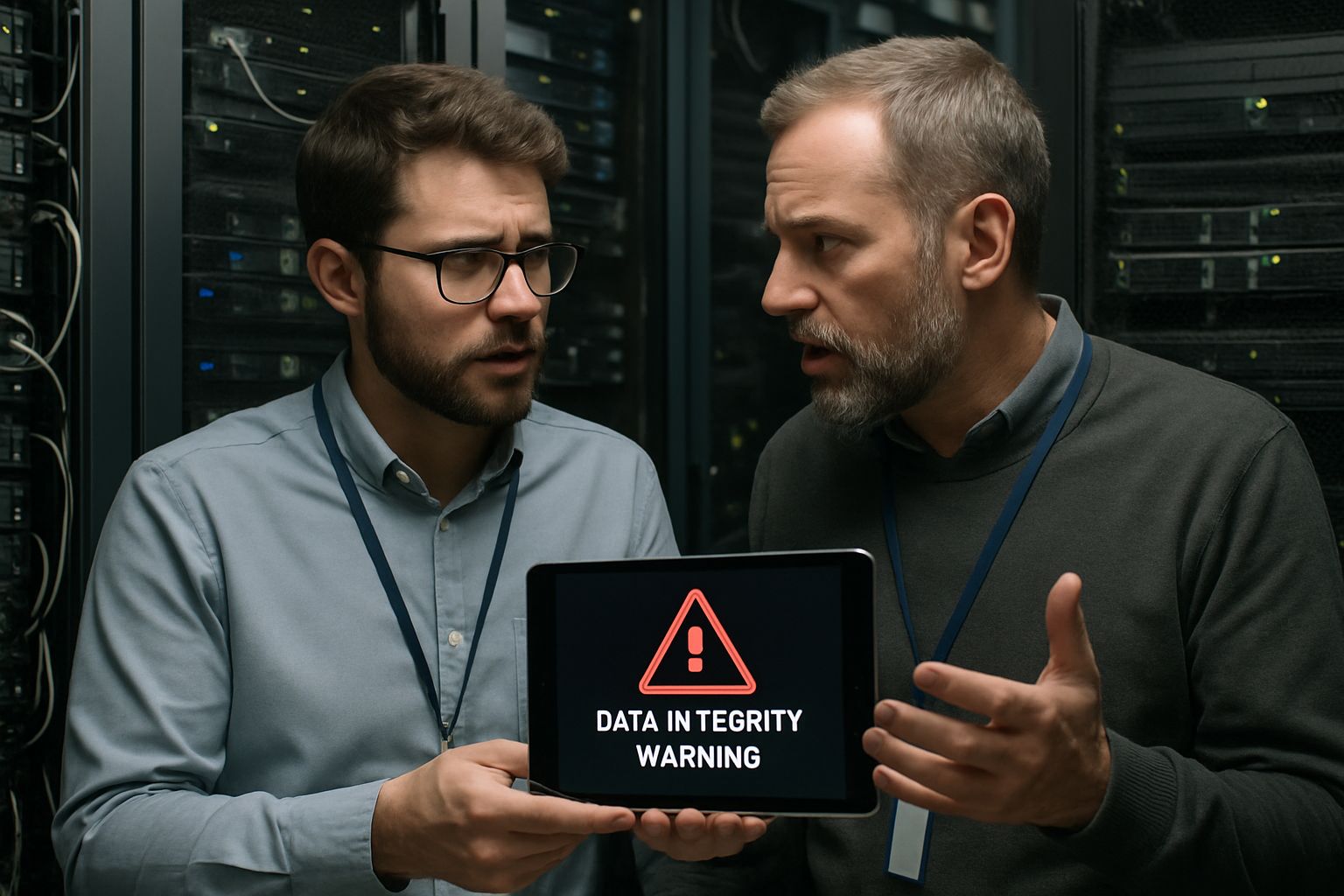 IT professionals discuss Cyber Integrity Threat in real server room environment
