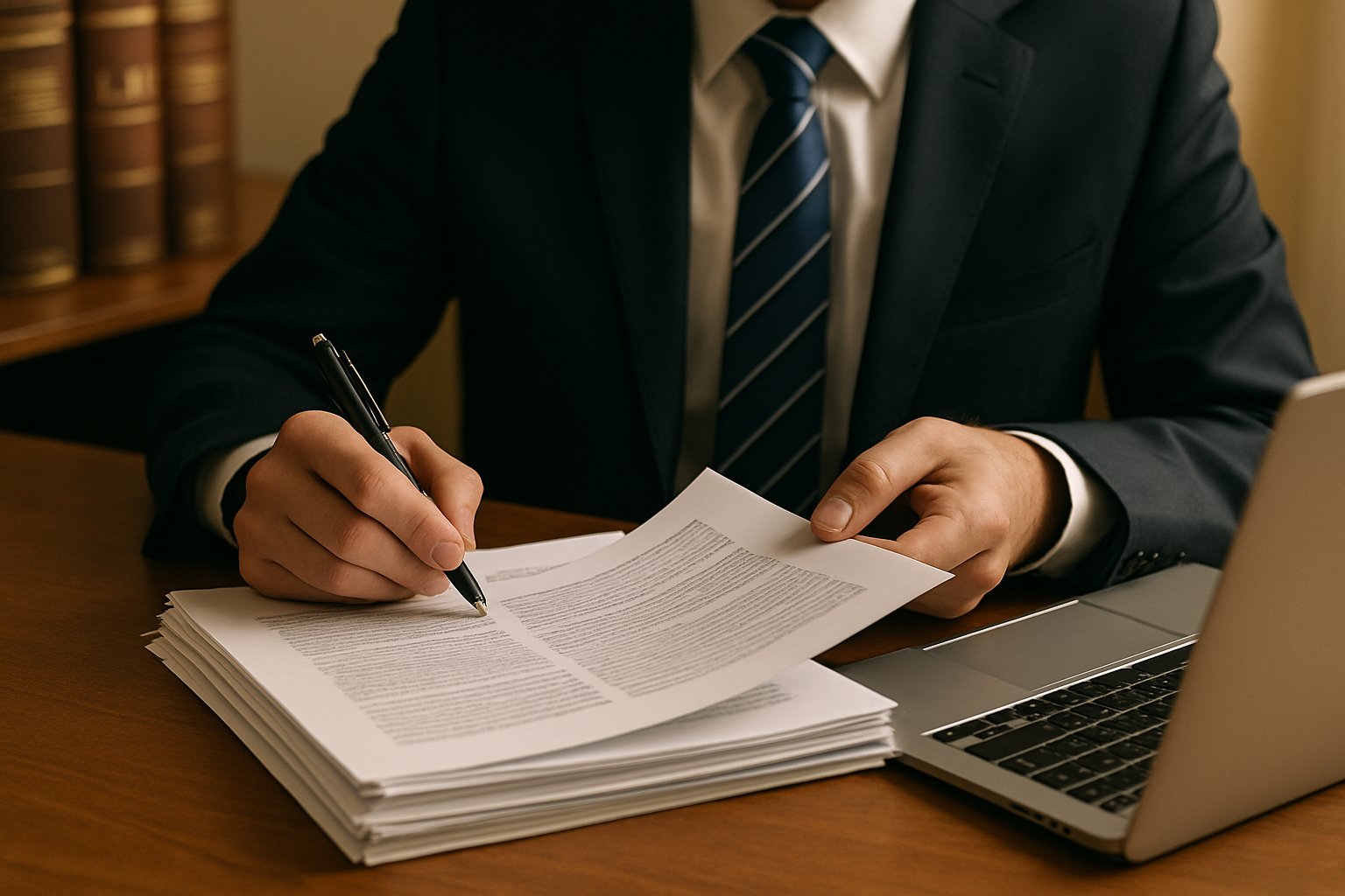 Lawyer reviewing documents for a Courtroom Hallucination Case at their desk.
