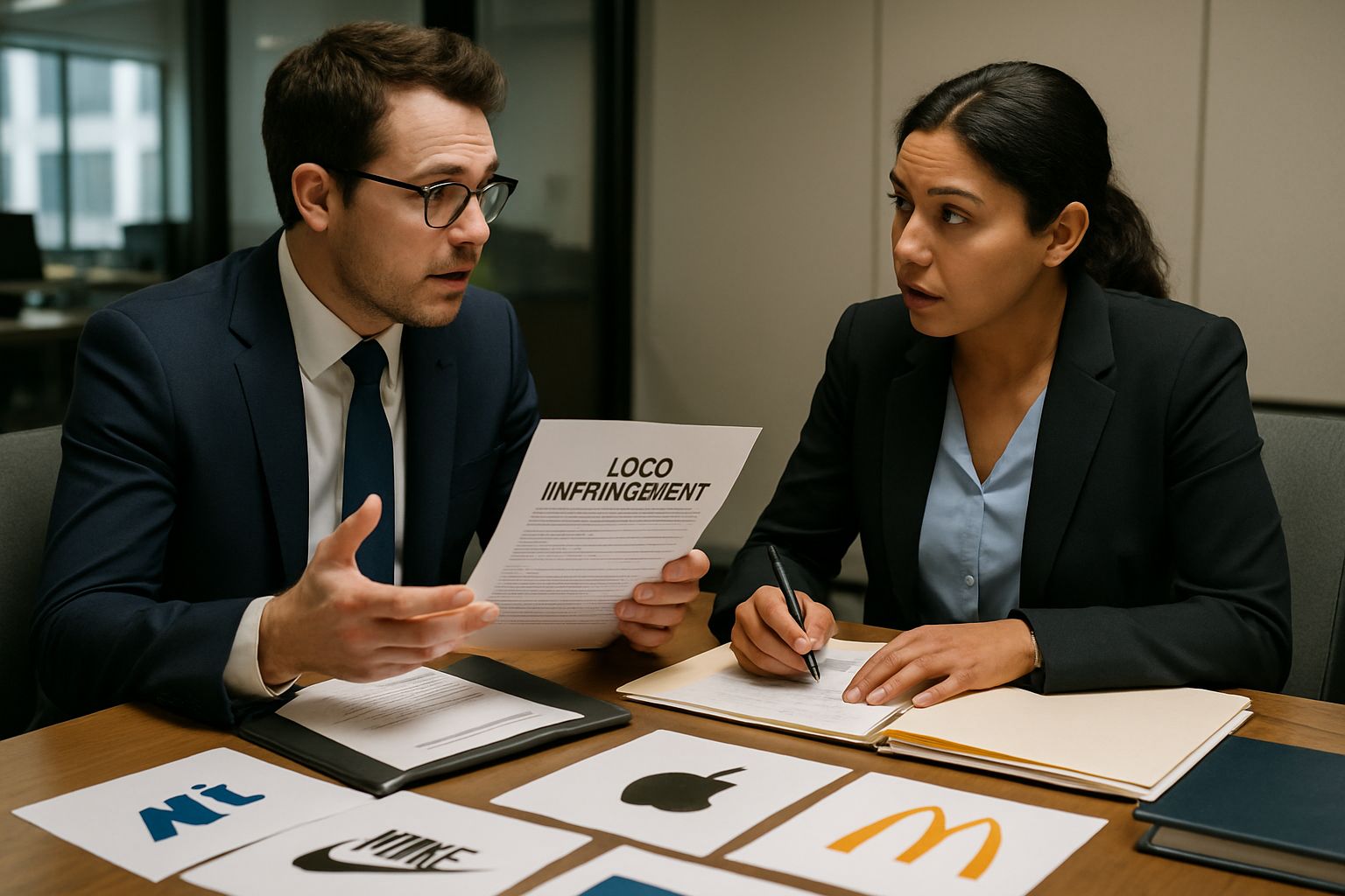 Lawyers examining documents in Design Rights Dispute over AI-created logos.